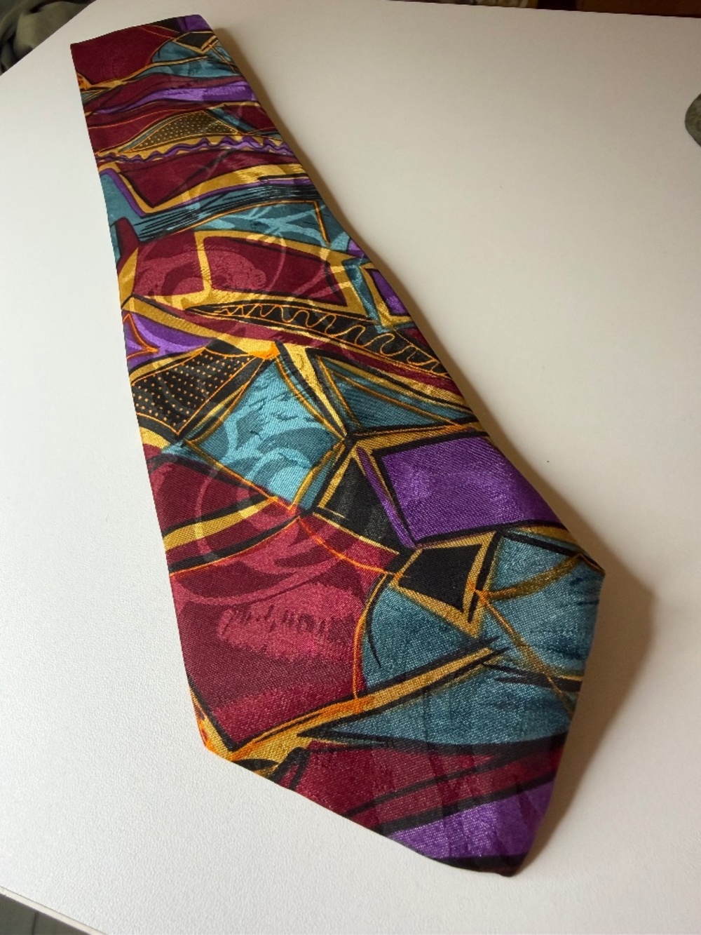 Vintage Elements Colorful Necktie Geometric Blue Red Purple Made in USA 58" Long